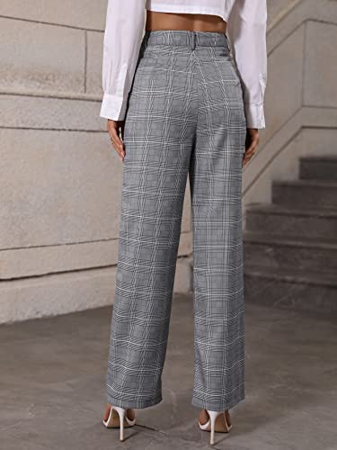 SweatyRocks Women's Plaid Print Dress Pants High Waisted Wide Leg Suit Pants with Pocket2