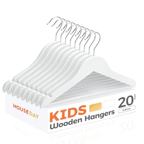 Image of HOUSE DAY Kids Wooden Hangers 20 Pack, Wood Baby Hangers for Baby Clothes, Childrens Coat Hanger with Non Slip Pant Bar, 360° Swivel Hook, White