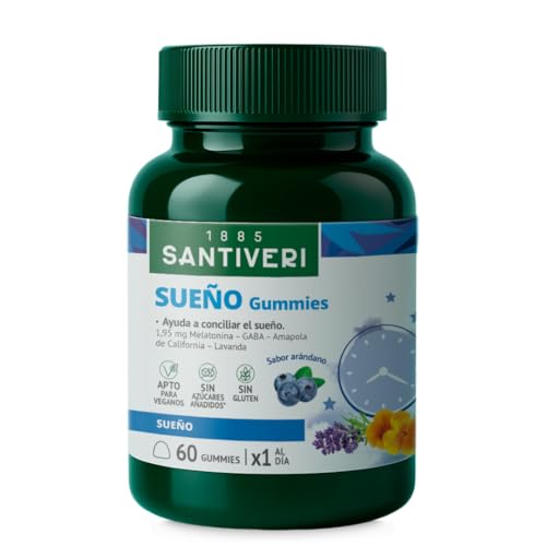 SANTIVERI – Sueño Gummies, Complemento Alimenticio con 1,95 mg de Melatonina, GABA, Amapola de California y Lavanda, Ayuda a Conciliar y Mantener el Sueño, Sabor Arándanos – 60 Gummies