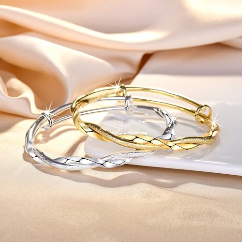 Silver Bangles for Women Frosted Interwoven Adjustable Push Pull Bracelet Mom Wife Valentine Paty Fashionable Jewelry (Gold Style) by JWZMB - Used condition - Image 4