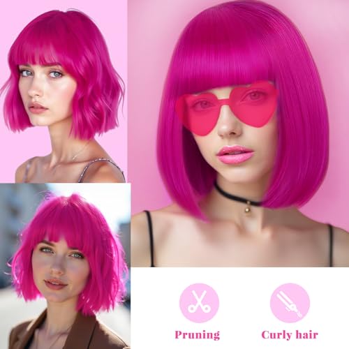 Image of LIULIUBTY Short Bob Hair Wigs Straight with Flat Bangs Synthetic Colorful Cosplay Daily Party Neon Wig for Women with Wig Cap 12 inch Natural As Real (Hot Pink B)