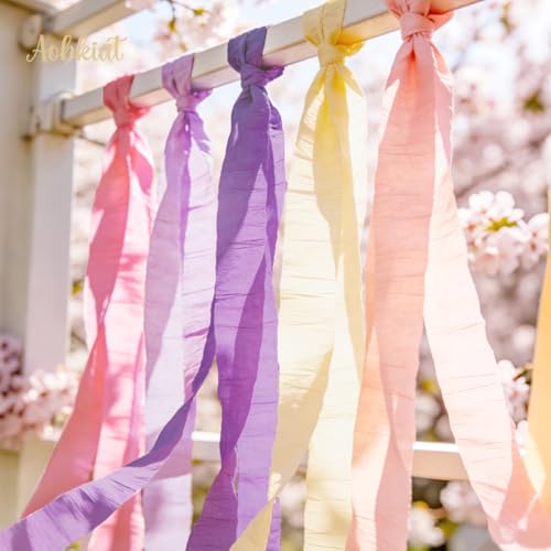 Image of AOBKIAT Purple Hot Pink Yellow Streamers Party Decorations,5 Rolls | Colorful Crepe Paper Streamers for Birthday Baby Shower Wedding Princess Butterfly Fairy Theme Party,DIY Tassel