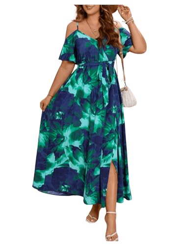 Image of Floerns Women's Plus Size Cold Shoulder Short Sleeve Split Thigh Long Dress