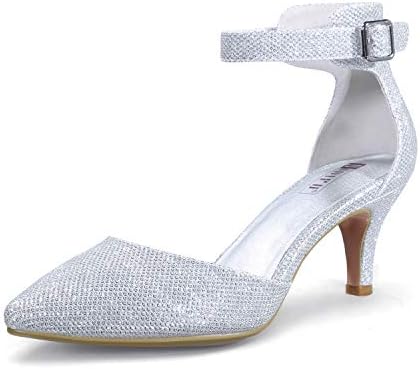 IDIFU Women's IN3 D'Orsay Pumps Low Kitten Heels for Women Dress Shoes Pointed Closed Toe Wedding Bride Ankle Strap Dressy Silver Black Nude White Gold Heels for Women (Silver Glitter, 10 M US)