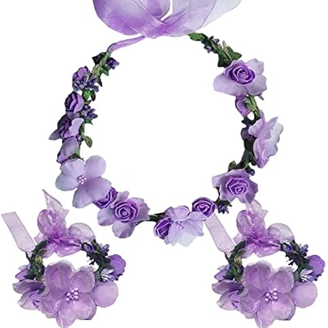 WLBON 3 Pcs Flower Headband Wristbands Rose Floral Leaf Hair Hoops Bands Headpiece Hairband Bracelets Women Xmas Wedding Halloween Parade Hawaiian Cosplay Dress Up Birthday Party Accessories Purple Cover
