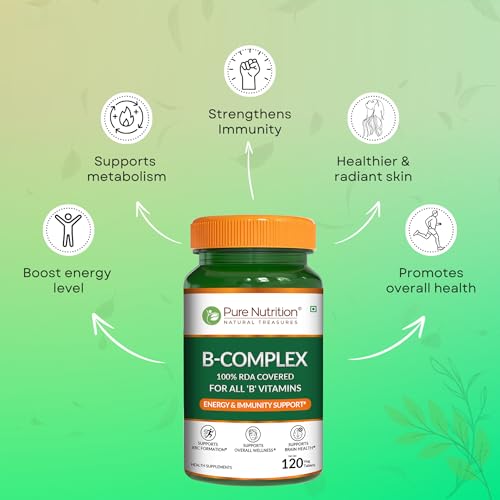 Image of Pure Nutrition Vitamin B Complex Supplements with 100% RDA of B1, B2, B3, B5, B6, B9 | Boosts Immunity, Supports Hair Growth, Energy & Overall Health for Men & Women - 120 Veg Tabs