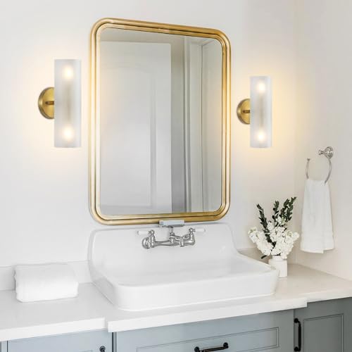 Image of Set of 2 Modern Wall Sconce 2 Lights Cylinder Wall Lamp Industrial Mid Century Bathroom Vanity Wall Light Frosted White Acrylic Glass Shade Brushed Brass Finished Lighting Fixture