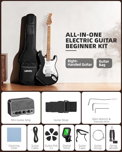 Image of LEKATO Electric Guitar Kit Beginner 39 Inch Full Size Solid Body Guitar HSS for Starter Roasted Maple Neck Fretboard Stainless Steel Frets, 5W Mini Amp, Bag, Tuner, Capo, Strap, String, Picks- Black