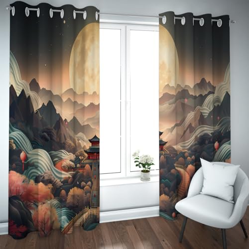 CHERHERART Paisaje de montaña Oriental Luna Cortinas Opacas Arquitectura Tradicional China Cortinas para Dormitorio salón 2 Paneles de Ojal 2xB140xH229