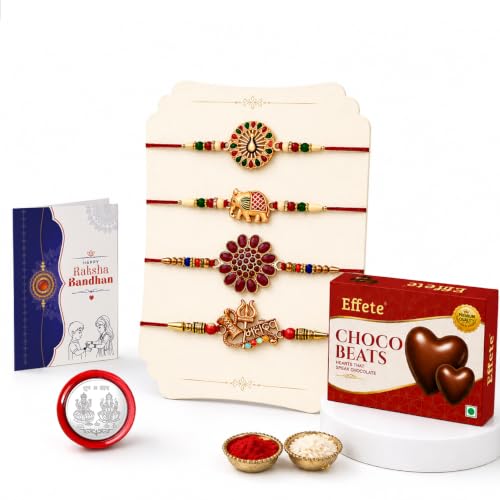 Image of Oblivion 4 Multicolor Rakhis Set for Bhaiya, Peacock, Elephant, Flower & Mahadev with Chocolate Beats 32gm, Roli Tikka, Silver Color Pooja Coin & Greeting Card | Rakshabandhan Gifting, Pack of 8