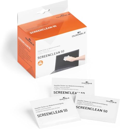 Durable 578702 - Screenclean 50, 50 salviette umidificate per la pulizia di superfici sintetiche o in plastica, antistatiche, tascabili, 50 Pezzi