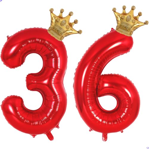 Red 36 Balloon Numbers 40 Inch Giant 36th Birthday Balloons, Helium Mylar Foil Number 36 Balloon for Red and Gold 36th Birthday Party Decorations Supplies for Men Women, Crown Balloons