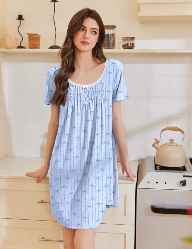 Image of Ekouaer Nightgowns for Women Pleated Sleep Shirts Short Sleeve Night Shirts