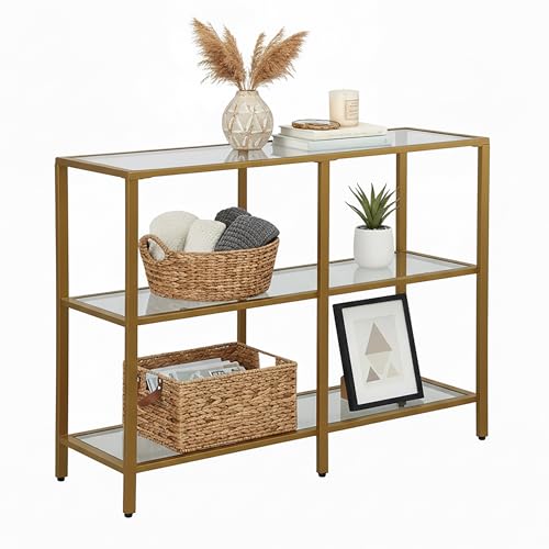 Relaxdays Konsolentisch, HxBxT: 73 x 100 x 30 cm, Metall, Glas, schmale Konsole Flur, Flurtisch mit 3 Ablagen, Gold
