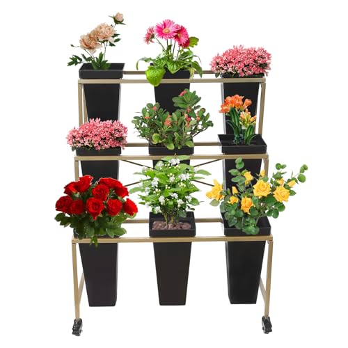 KONGKUNI Soporte de exhibición de flores con 9 cubos, cubos de 3 capas, soporte de exhibición de metal con ruedas, estante móvil resistente para floristería, jardín