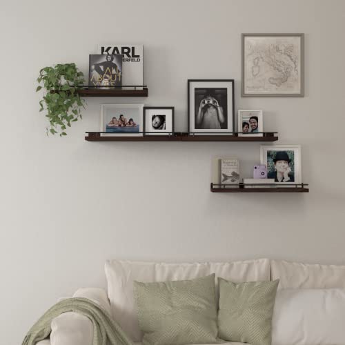 Wopitues Floating Shelves With Black Metal Rail, 4 Set Shelves For Wall Decor, Rustic Wood Wall Shelves For Bathroom, Bedroom, Living Room, Kitchen, Plants, Books, Picture Frames- Brown #TOP4