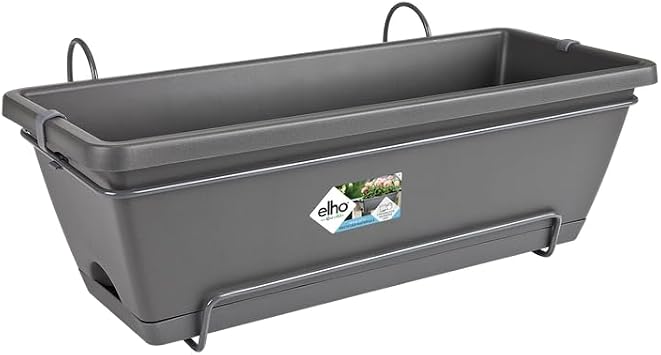 elho Barcelona Allin1 50 Balcony Planter - with Saucer and Hanging Rack - 100% Recycled Plastic - 49.5 x H 18.5 cm - Black/Anthracite