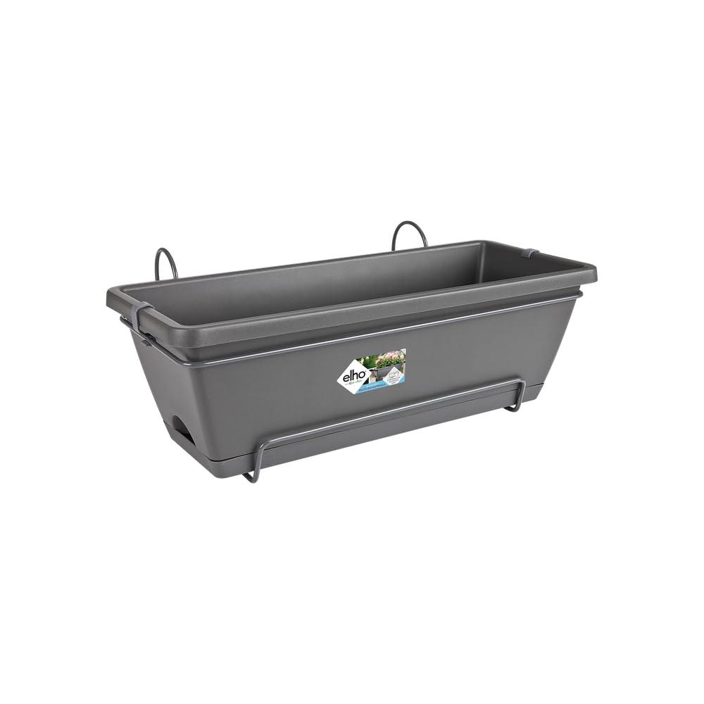 Elho Anthracite Barcelona Allin1 50 Balcony Planter - With Saucer And Hanging Rack - 100% Recycled Plastic - Ø 49.5 X H 18.5 Cm - Black