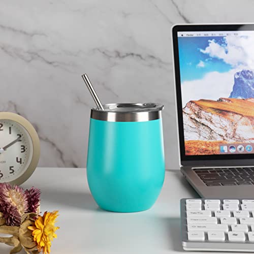 Image of 12 oz Insulated Wine Tumbler with Lid and Straw,Stainless Steel Stemless Wine Tumbler Glasses Double Wall Vacuum Wine Cups Tumbler for Coffee,Champaign,Office(Mint Green,1)