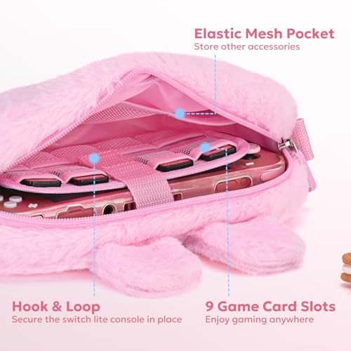 Image of innoAura Switch Lite Case 14-in-1 Accessories Bundle for NS Switch Lite (2019), with Protective Carrying Case, Game Holder, Screen Protector & Cute Thumb Grips, Pink Rabbit Plush Bag