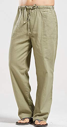 CHARTOU Men's Casual Stretched Drawstring Mid-Waist Loose Fit Lightweight Straight Leg Linen Summer Beach Pant4
