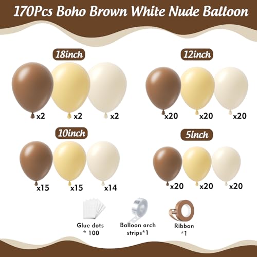 Image of Boho Brown White Nude Balloon Garland Arch Kit 170Pcs, Different Sizes Dark Brown White Sand Neutral Balloons for Bear Woodland Birthday Baby Shower 2026 Graduation Wedding Party Decorations