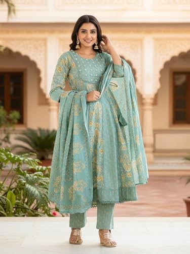 Image of Pure Cotton Anarkali Kurta Set for Women with Dupatta | 3 Piece Cotton Anarkali Suit | Floral Aari Work | Flared Ethnic Wear