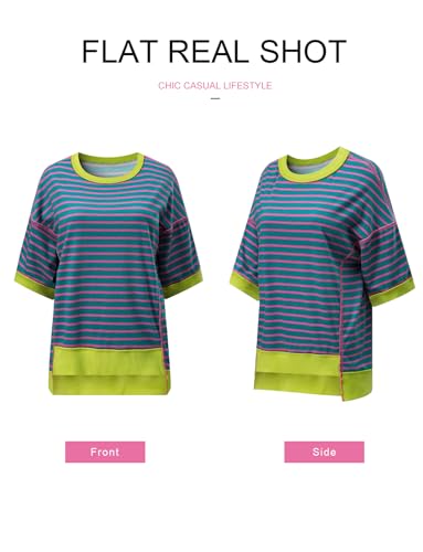 Image of SHEWIN Womens Tops Casual Short Sleeve Sweatshirt Crewneck Striped Shirt Pullover T Shirts Loose Blouses