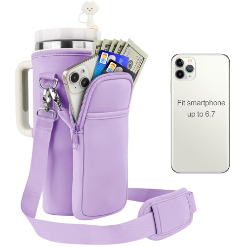 Water Bottle Carrier Bag for Stanley 40oz Tumbler Cup Bag Pouch with Large Phone Holder & Carrying Strap & & Straw Covers, Stanley Cup Accessories A5-Lavender Purple