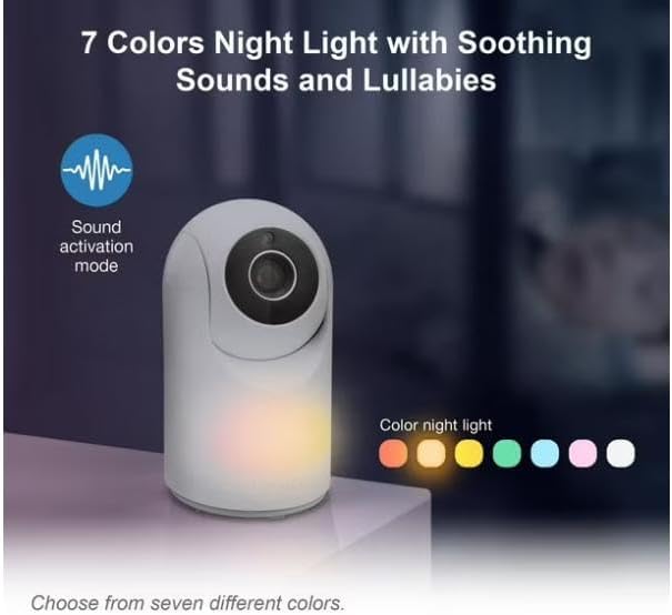 Baby unit with a glowing night light, illustrating 7 color options and sound activation mode