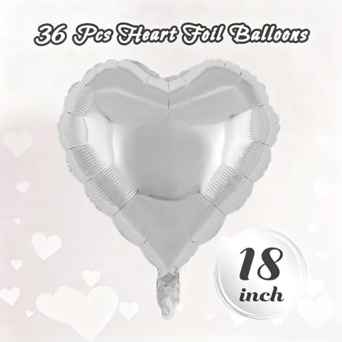 Image of 36 Pcs Silver Heart Balloons,18 Inch Heart Foil Balloons Valentine Balloon for Wedding Engagement Party Valentine Day Decorations
