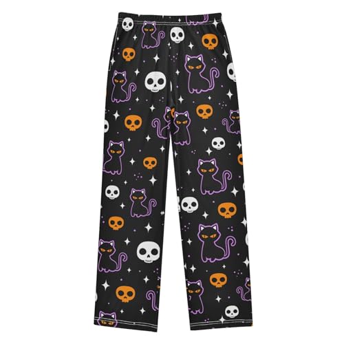 Halloween Cat Skull Boys Long Pants Soft Trousers Elastic Waist Kids Lounge Bottoms with Pockets S-XL