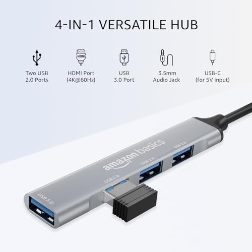 Image of Amazon Basics 4-in-1 USB C Hub, Type C Multiport with 1 x USB 3.0 & 3 x USB 2.0 Ports, up to 5 Gbps High Speed Data Transfer for Laptop, MacBook, PC (Grey)