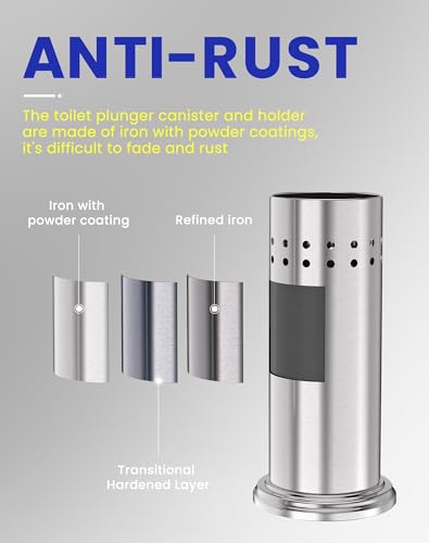 Image of Dowry Toilet Plunger with Holder for Bathroom Silver | Hidden Toilet Bowl Cleaners Long Handle with Cover Powerful Force Suction Cup Heavy Duty Deep Cleaning