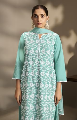 Image of DRESOUL Women Pure Cotton Schiffli Embroidered Kurta Set and Dupatta