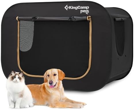 KingCamp XXL Dog Crate, Large Collapsible Pop Up Dog Kennel Tent with Durable 600D Oxford Fabric & Breathable Mesh for Indoor Outdoor Travel, Black, 55″ x 39″ x 39″