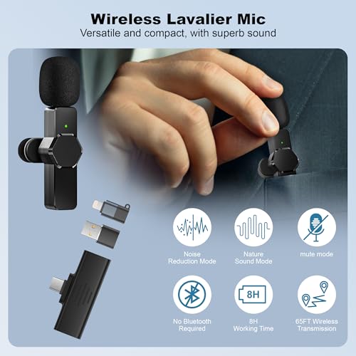 CKOKC Kabelloses Lavalier Mikrofon für iPhone - Android Computer, Mini Mikrofon mit Klammern & Halterungen für Live-Streaming, Videoaufnahmen, Interviews, YouTube, TikTok, Vlog Schwarz