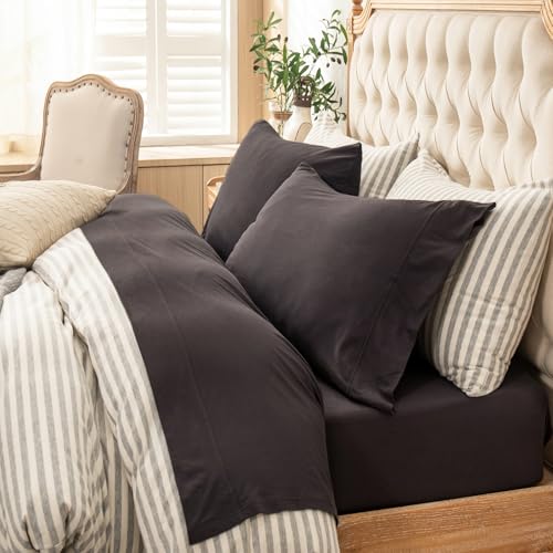 PURE ERA Jersey Knit 4pc Bed Sheet Set 100% T-Shirt Cotton Super Soft Comfy Breathable Fits Mattress Up to 20" Extra Deep Pocket (Solid Deep Brown, Queen)
