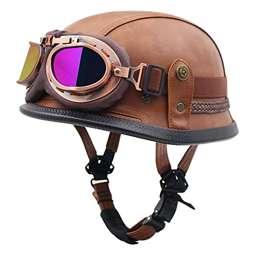 半 ヘルメット ドイツ軍 ヘルメット ハーフ ヘ ルメット 革巻きハーフ ゴーグル付き 耐衝撃性 おしゃれ 個性 人気品 超軽量 男女兼用 (18,XL:60-61CM)