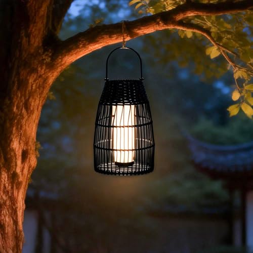 Solar Lantern Outdoor Waterproof Black Rattan Bamboo Hanging Garden Light