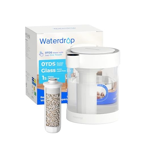 Waterdrop 22-Cup Electric Water Filter Dispenser, Reduce Chlorine, Lead, Copper, 4-Stage Instant Zero TDS Countertop Rechargeable Water Filtration System, with 1 Filter Glass 0 TDS