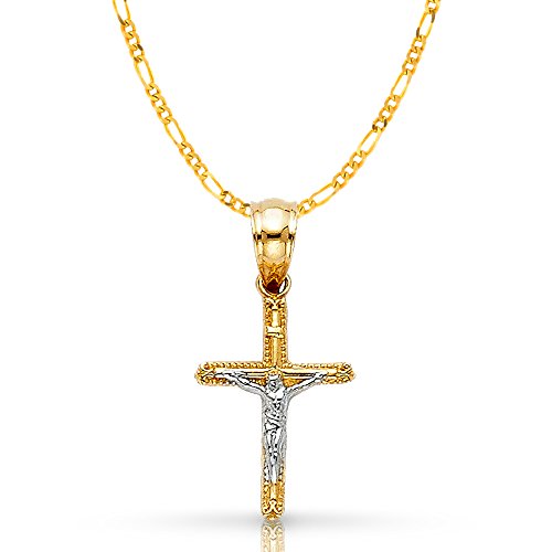 14K Two Tone Gold Jesus Crucifix Cross Pendant With 1.9Mm Figaro 3+1 Chain Chain Necklace - 22" #TOP3