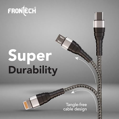 Image of FRONTECH 17W 3-in-1 Multi Fast Charging USB Cable | Type-C, Micro USB & 8 Pin Port | 1.2 Meter Braided Cable | Smart Chip Protection | Grey /Black (FT-1053)