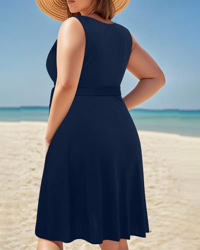 Image of Holipick Women's Plus Size Sleeveless V Neck Wrap Sundress Summer Casual Dress with Pockets