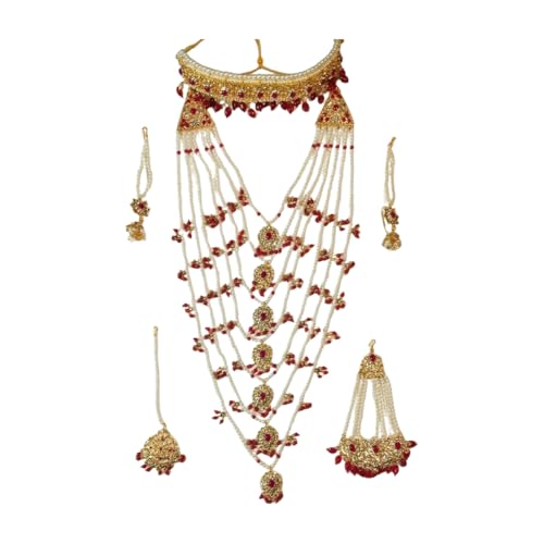 Image of TAZAKKA satlada traditional indian seven stand pearl necklace mughal hisporicall with jadavi earrings side jhumar maang tikka 5pies set