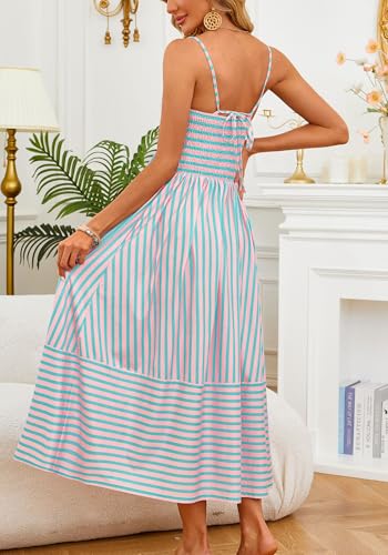 Image of Fashionme Womens Summer Maxi Dresses 2026 Trendy Striped Vacation Boho Beach Spaghetti Strap Sundress Back Tie with Pockets