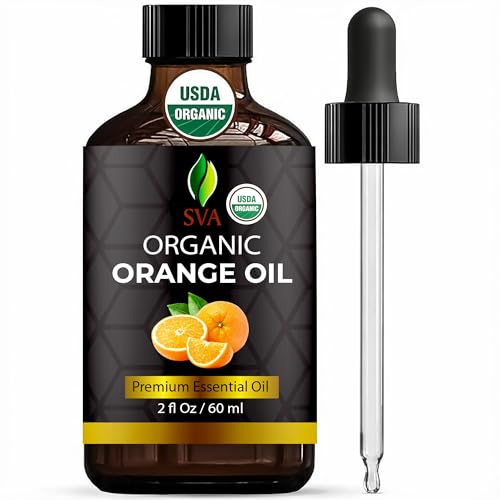 SVA Orange Essential Oil Organic – 2 Fl Oz – 100% Natural Organic Orange Oil - for Diffuser, Hair, Face, Skin Care, Aromatherapy, Scalp and Body Massage, Soap and Candle Making - with Dropper