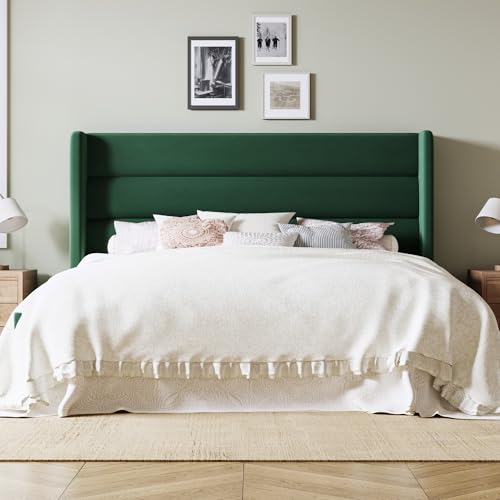 Image of Allewie King Size Platform Bed Frame with Velvet Upholstered Wingback Headboard, No Box Spring Needed, Strong Wooden Slats, Under Bed Storage Space, Modern Mattress Foundation, Easy Assembly, Green