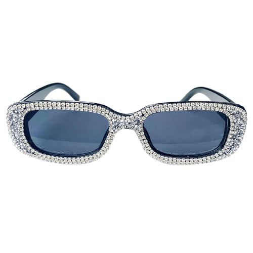 90s Retro Rectangle Diamond Sunglasses for Women Men Square Vintage Frame Trendy Rhinestone Sun Glasses UV Protection (black)