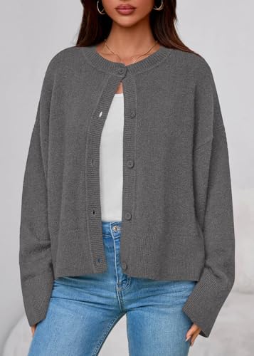 KIRUNDO Cardigan Sweaters for Women 2026 Fall Oversized Drop Shoulder Grey - image 3